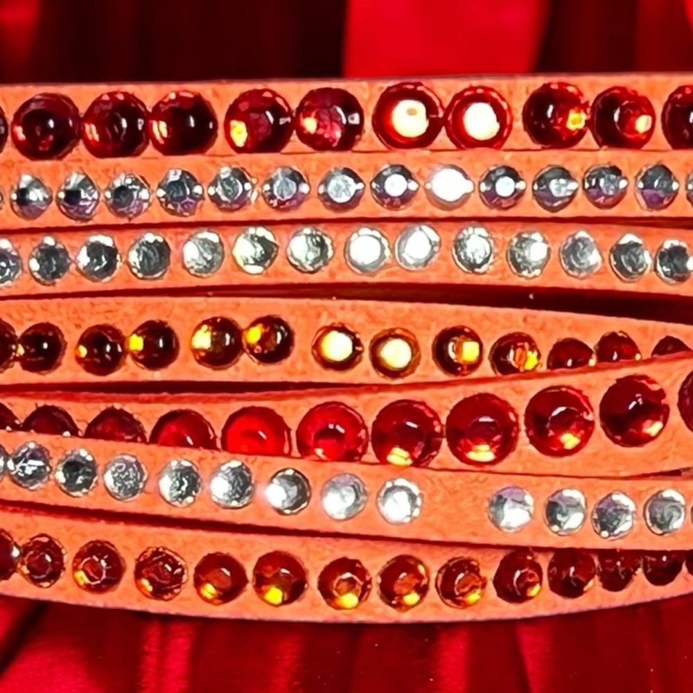 Women's Orange Leather Wrap Bracelet with Rhinestones Adjustable Snap Cl… - Picture 2 of 10